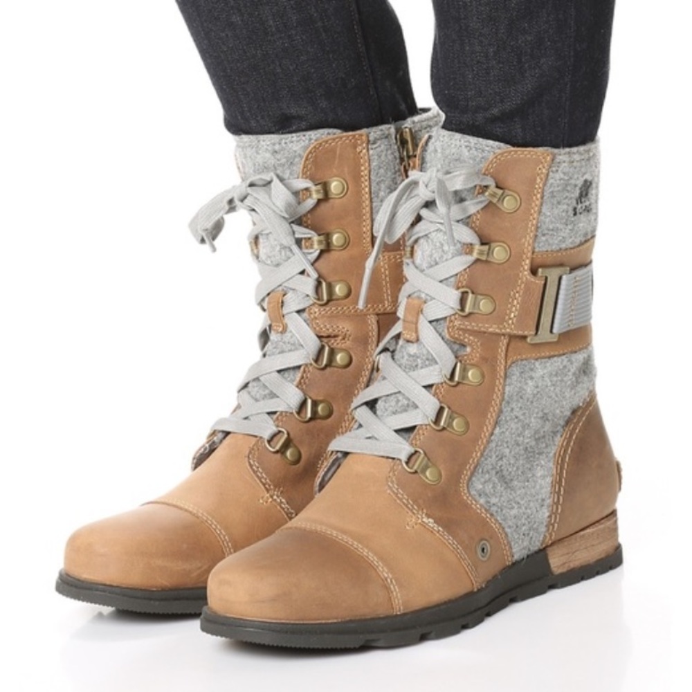 SOREL Anthro Major Carly Combat Boots Tan Grey Leather Wool Ankle Short Boot  11